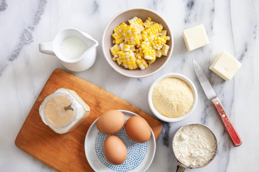 cornbread ingredients spread on counter top, including Kate's butter.