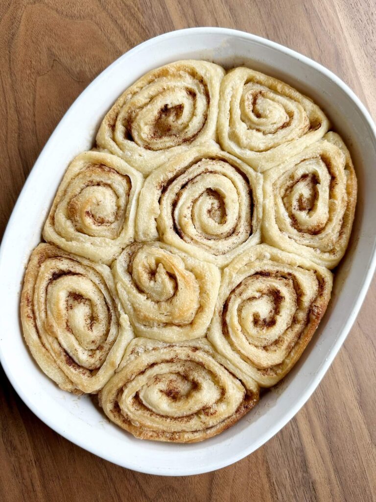 Serving dish full of Cinnamon rolls