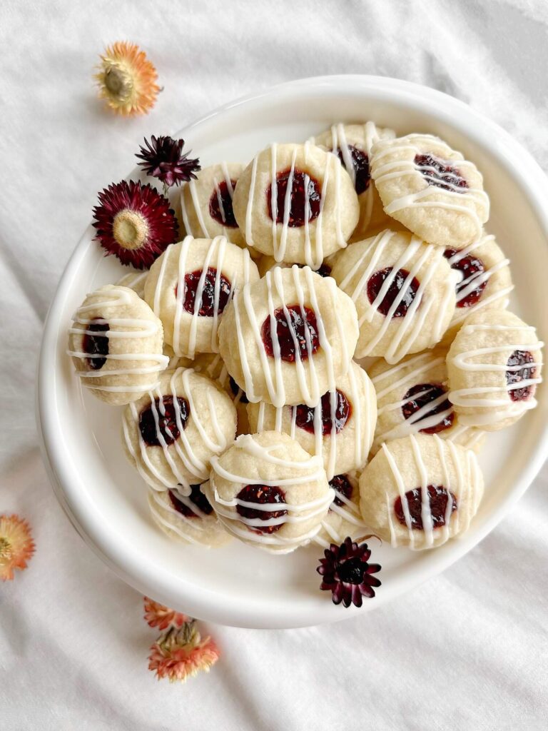 Plate of raspberry thumbprint cookies