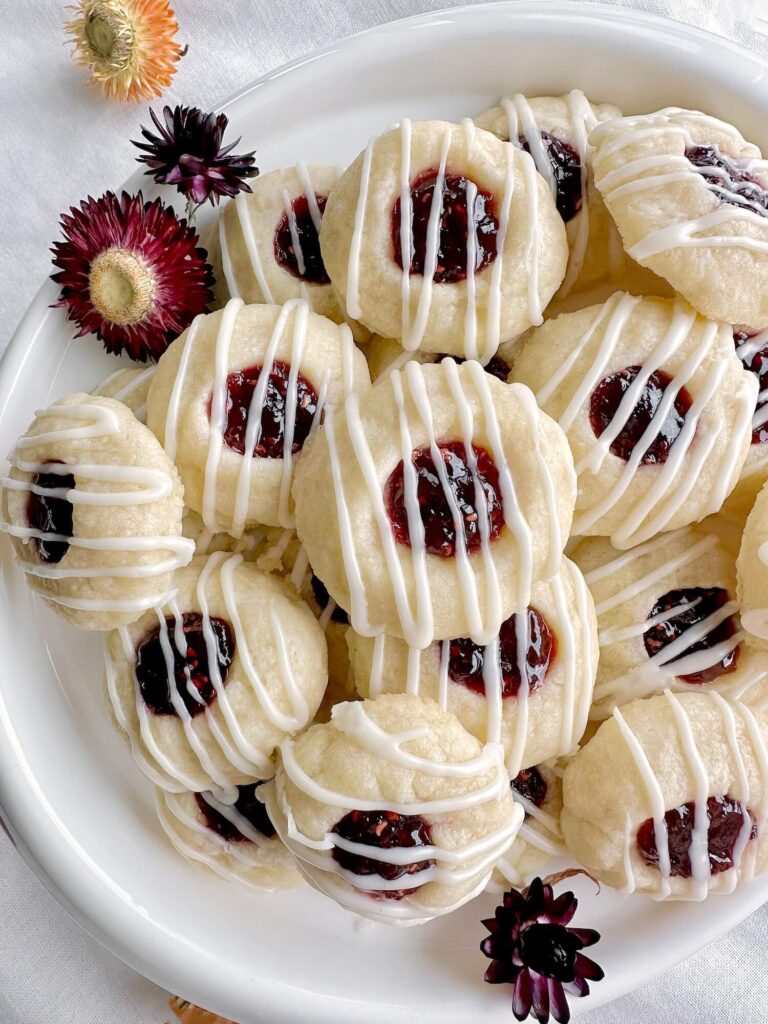 Plate of raspberry thumbprint cookies