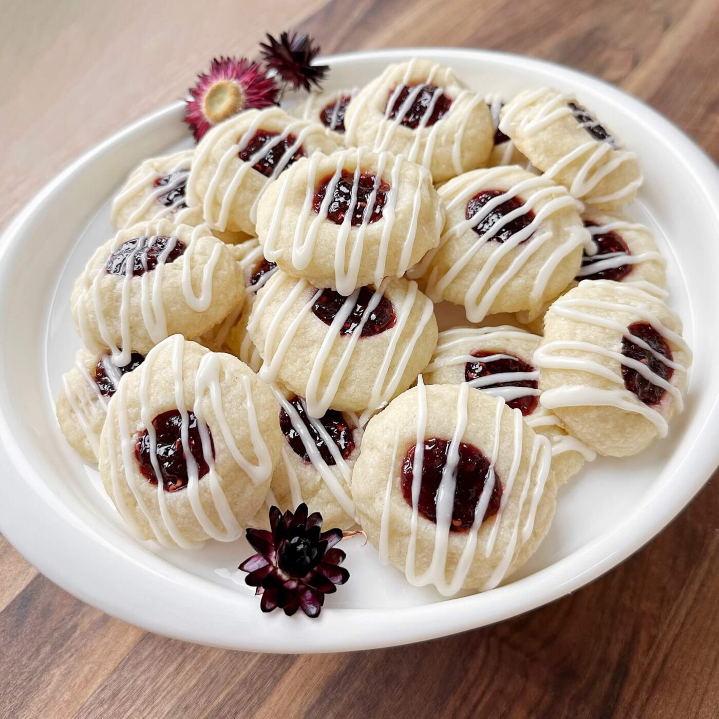 Plate of raspberry thumbprint cookies